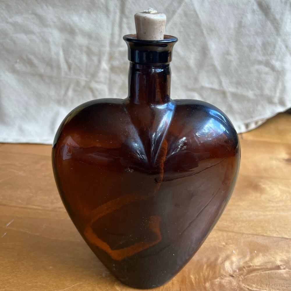 Paul Masson dark amber heart shaped bottle 8" w/ cork and wick oil lamp
